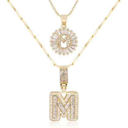 ✨LBMLBM™Bestselling Crystal-Studded 26 English Letter Necklace for Women with Copper Zirconia Setting and Genuine Gold-Plated Flower Letters 2Pc Set💎