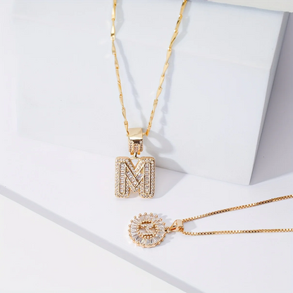 ✨LBMLBM™Bestselling Crystal-Studded 26 English Letter Necklace for Women with Copper Zirconia Setting and Genuine Gold-Plated Flower Letters 2Pc Set💎