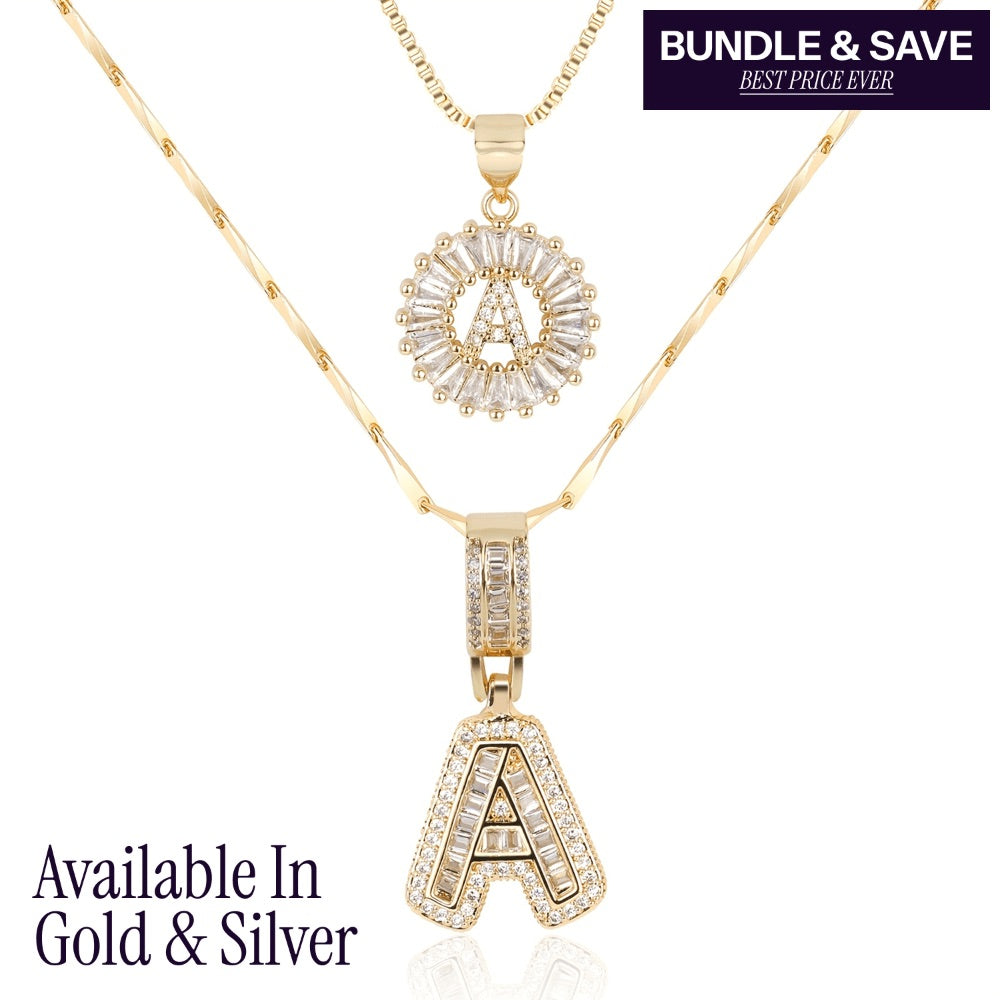 ✨LBMLBM™Bestselling Crystal-Studded 26 English Letter Necklace for Women with Copper Zirconia Setting and Genuine Gold-Plated Flower Letters 2Pc Set💎