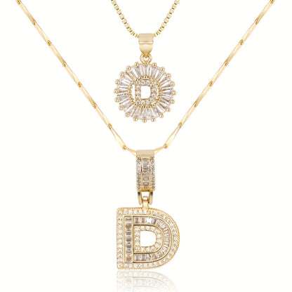✨LBMLBM™Bestselling Crystal-Studded 26 English Letter Necklace for Women with Copper Zirconia Setting and Genuine Gold-Plated Flower Letters 2Pc Set💎