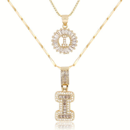 ✨LBMLBM™Bestselling Crystal-Studded 26 English Letter Necklace for Women with Copper Zirconia Setting and Genuine Gold-Plated Flower Letters 2Pc Set💎