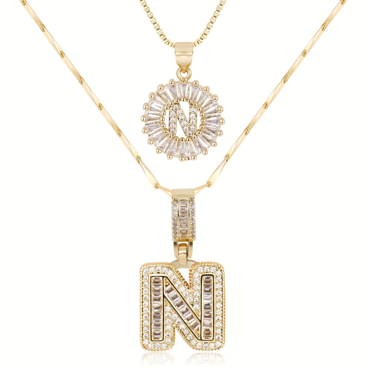 ✨LBMLBM™Bestselling Crystal-Studded 26 English Letter Necklace for Women with Copper Zirconia Setting and Genuine Gold-Plated Flower Letters 2Pc Set💎