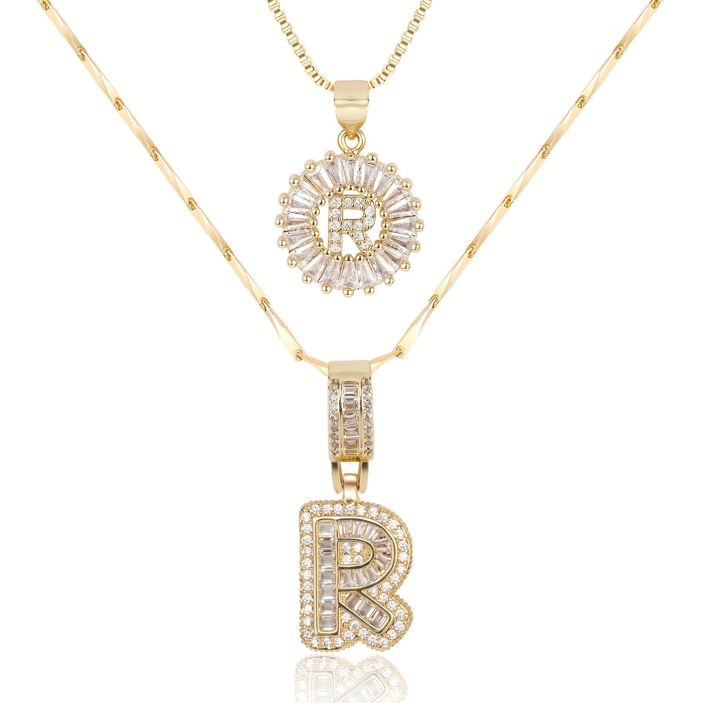 ✨LBMLBM™Bestselling Crystal-Studded 26 English Letter Necklace for Women with Copper Zirconia Setting and Genuine Gold-Plated Flower Letters 2Pc Set💎
