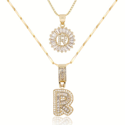 ✨LBMLBM™Bestselling Crystal-Studded 26 English Letter Necklace for Women with Copper Zirconia Setting and Genuine Gold-Plated Flower Letters 2Pc Set💎