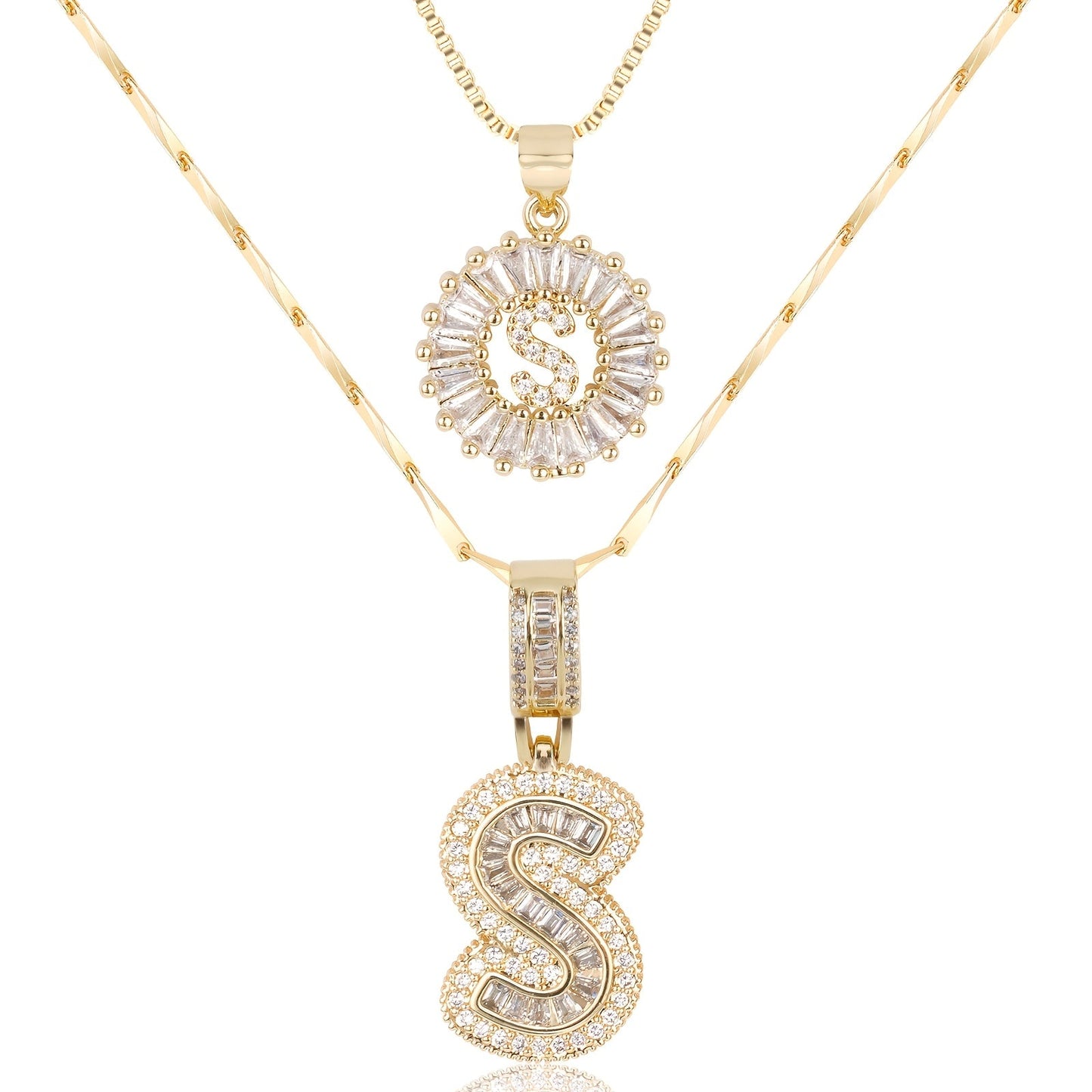 ✨LBMLBM™Bestselling Crystal-Studded 26 English Letter Necklace for Women with Copper Zirconia Setting and Genuine Gold-Plated Flower Letters 2Pc Set💎