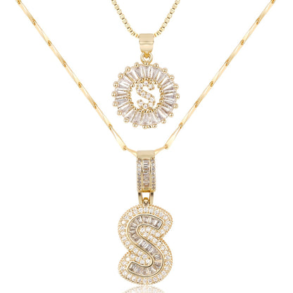 ✨LBMLBM™Bestselling Crystal-Studded 26 English Letter Necklace for Women with Copper Zirconia Setting and Genuine Gold-Plated Flower Letters 2Pc Set💎