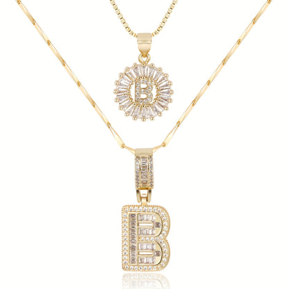 ✨LBMLBM™Bestselling Crystal-Studded 26 English Letter Necklace for Women with Copper Zirconia Setting and Genuine Gold-Plated Flower Letters 2Pc Set💎