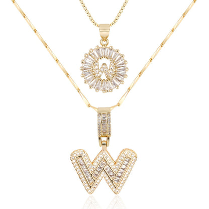 ✨LBMLBM™Bestselling Crystal-Studded 26 English Letter Necklace for Women with Copper Zirconia Setting and Genuine Gold-Plated Flower Letters 2Pc Set💎